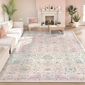 New 8x10 Pink Boho Area Rug, Washable Soft Floral Non-Slip Carpet for Bedroom